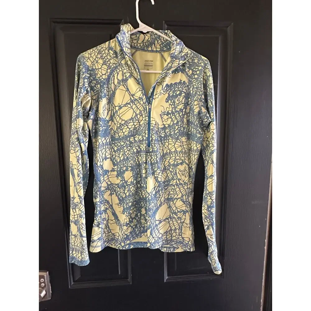 Nike Pro HyperWarm Women's Yellow Blue running 1/4 Zip Top Size Medium